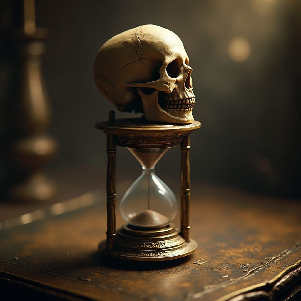 Ornate Skull and Hourglass in Eerie Surrealism