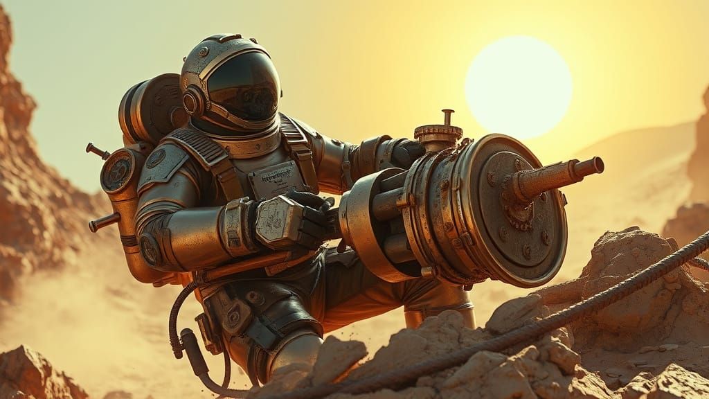 Steampunk Astronaut Drills into Alien Landscape