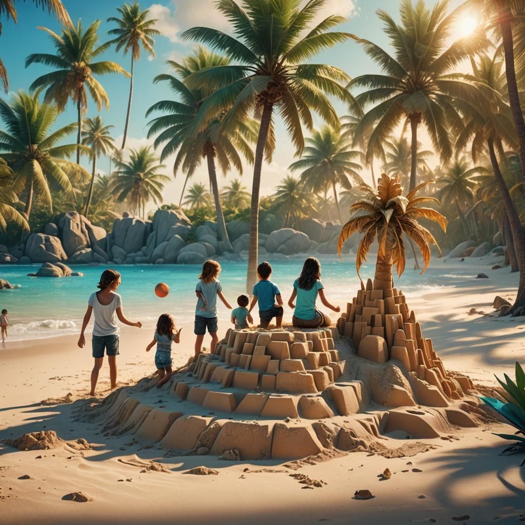 Happy Family Sandcastle on Sunny Beach, Fantasy Art