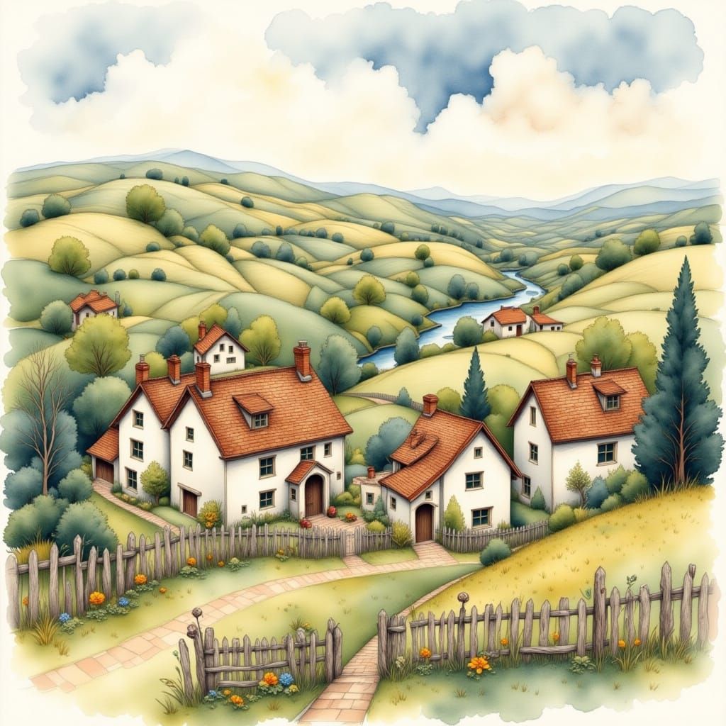 Charming Watercolor Village in Wet-on-Wet Style