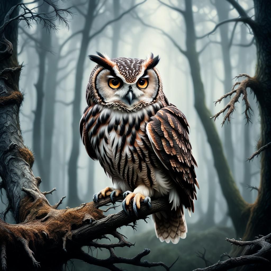 Owl Perched on Branch in Misty Forest: HDR Wildlife Photogra...
