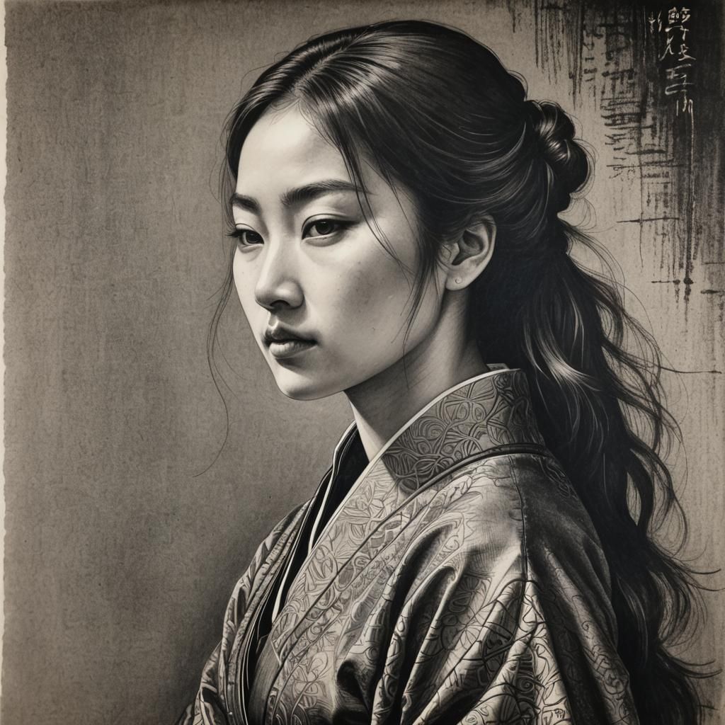 Young Woman Gazing into Future, Charcoal Drawing