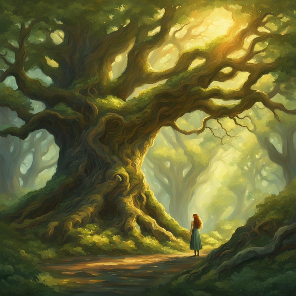 Dryad In Sunlit Forest, Vibrant Oil Painting Style