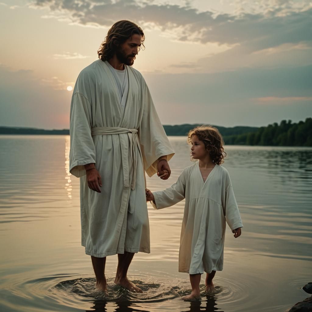 Jesus and Child Walking on Lake at Sunset