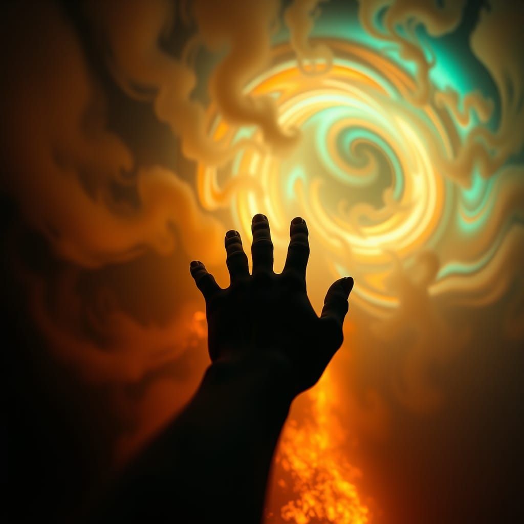 Hand Emerges from Fiery Underworld: Cinematic Still