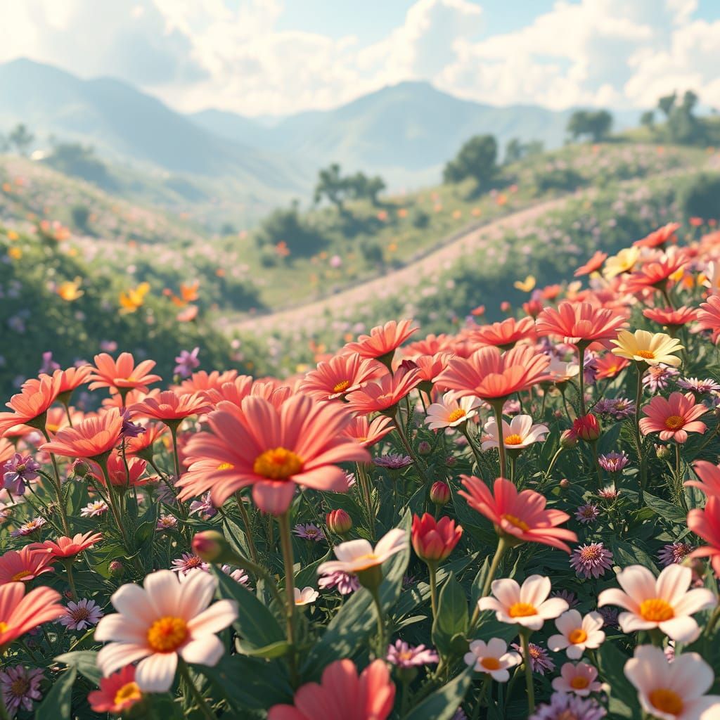Anime-Style Landscape with Vibrant Flowers, 3D Render