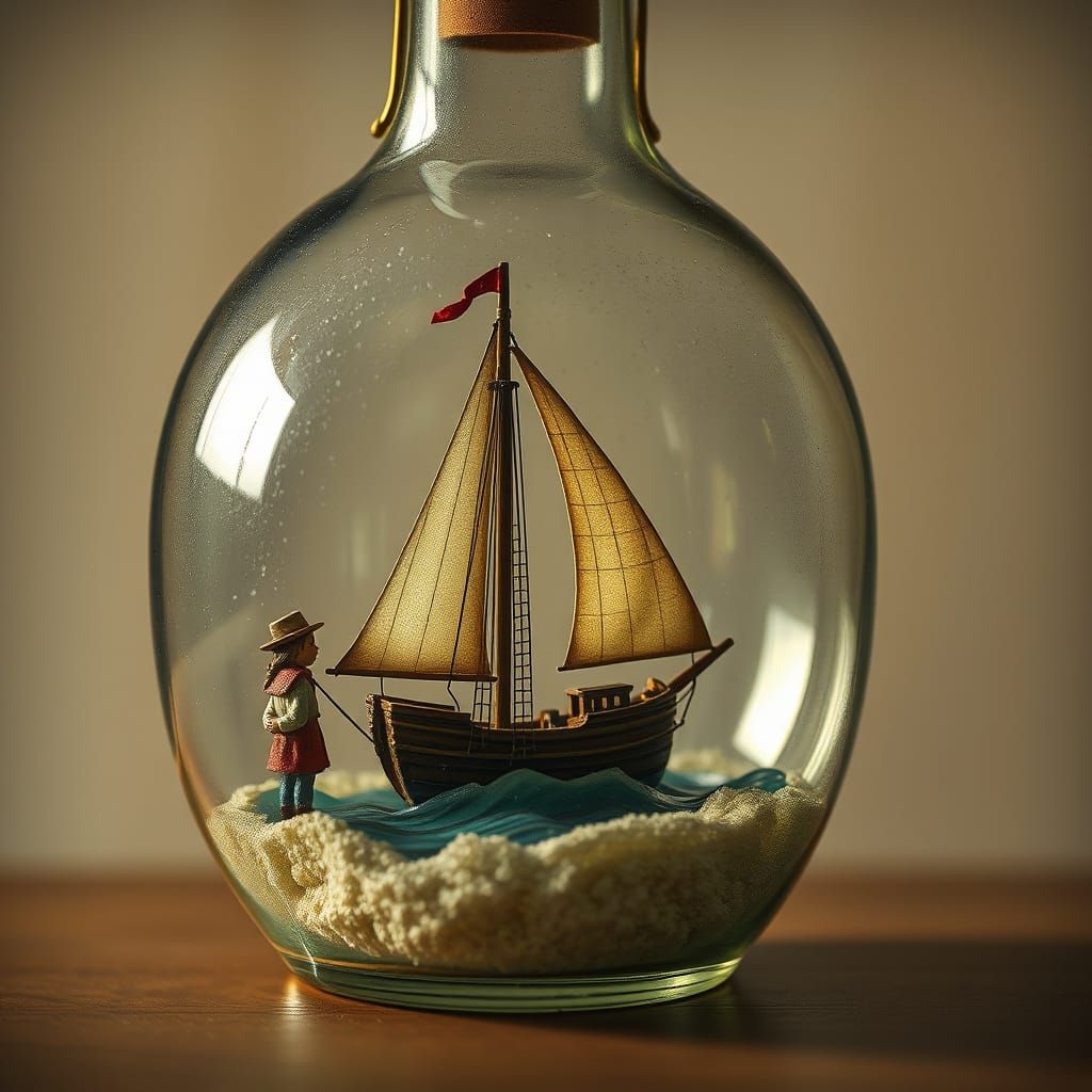 Miniature Sailboat Scene in Vintage Glass Bottle