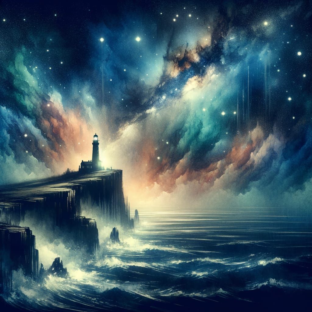 Ancient Lighthouse Under Cosmic Nebula Sky
