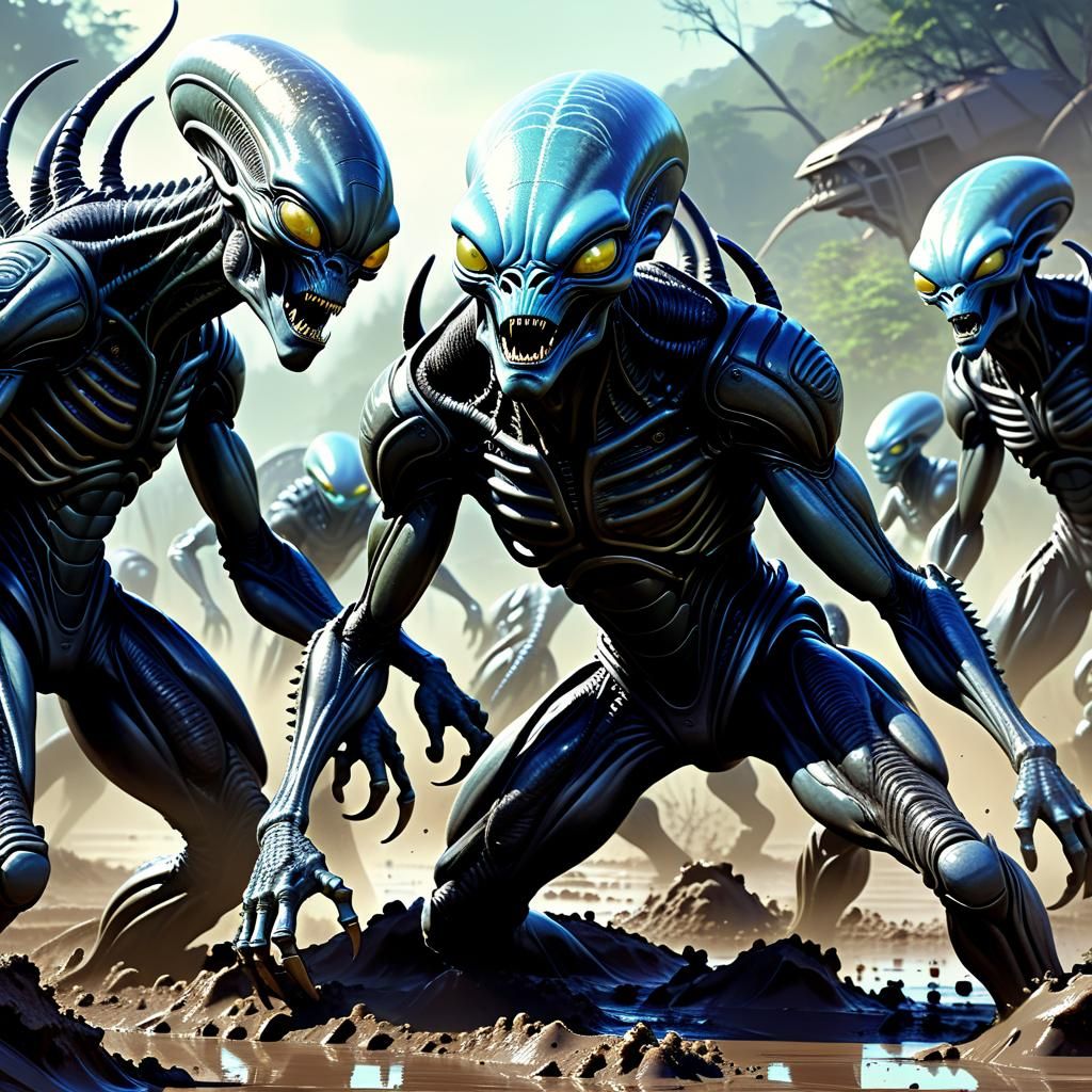 Alien Mud-Catching Competition in Cinematic Style