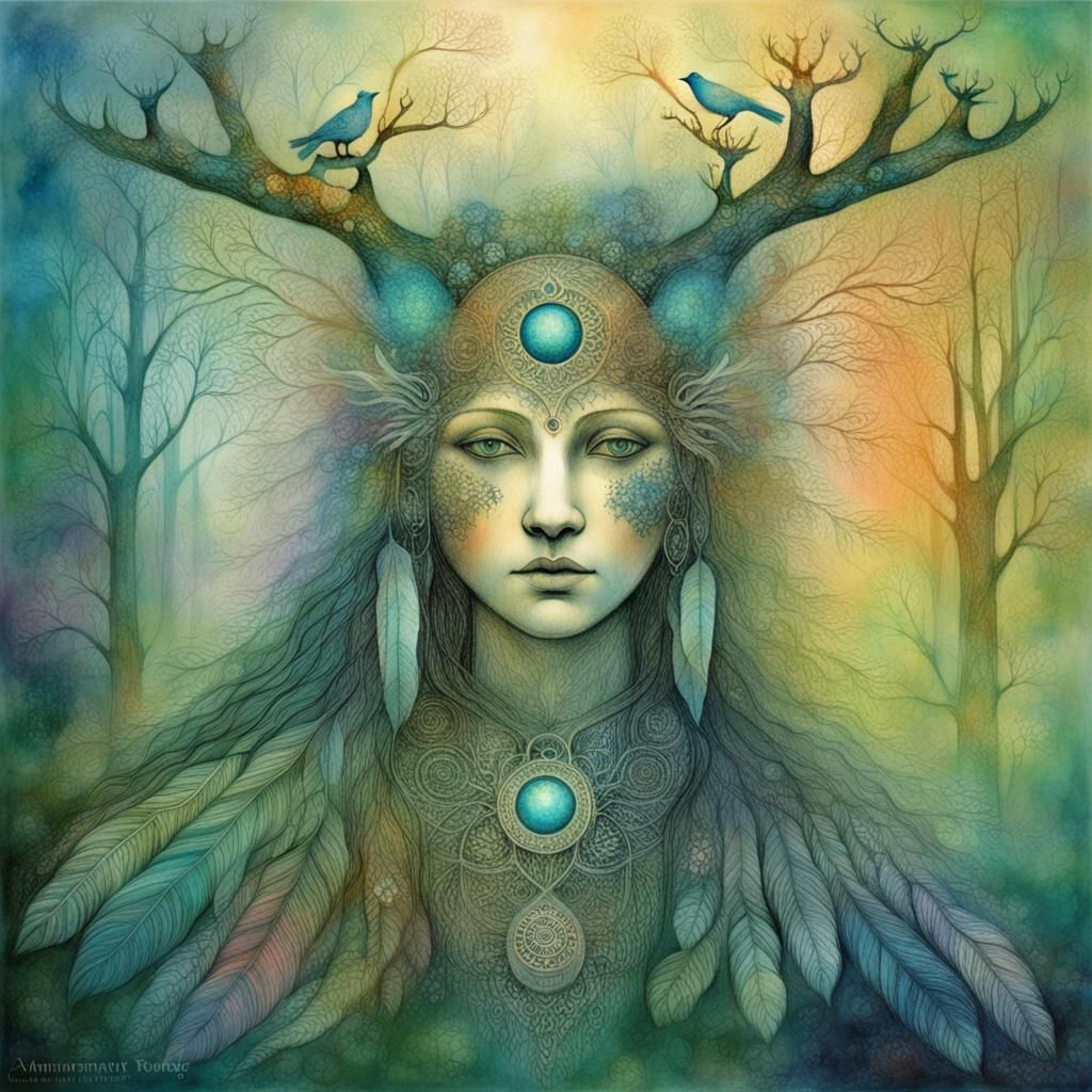 Forest Spirit Bird Woman in Surrealist Style