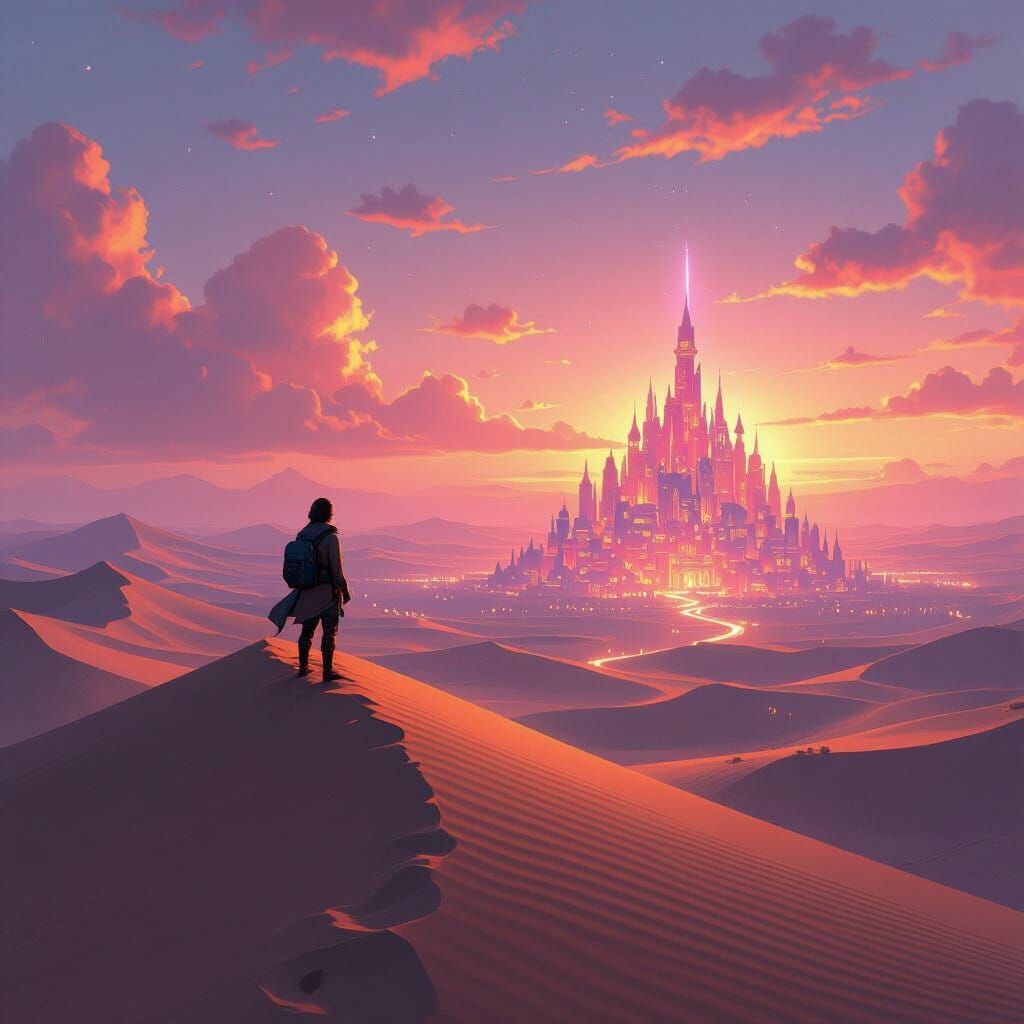 Magical Cityscape at Sunset in Animated Style