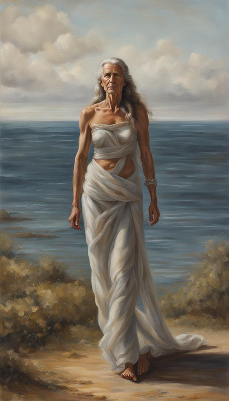 bare chested aged woman, full body view, long hair, ultra cl...