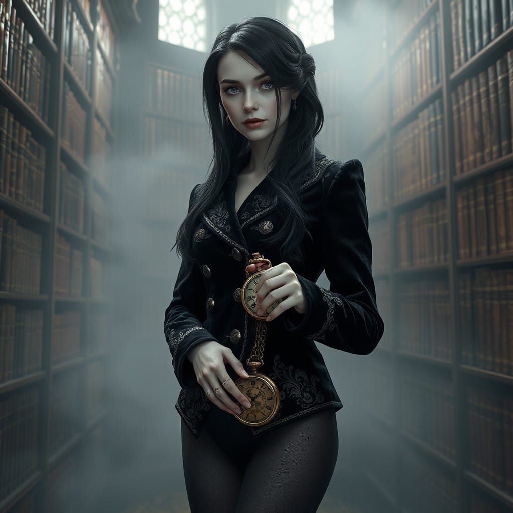 Enigmatic Figure in Ancient Library Attire