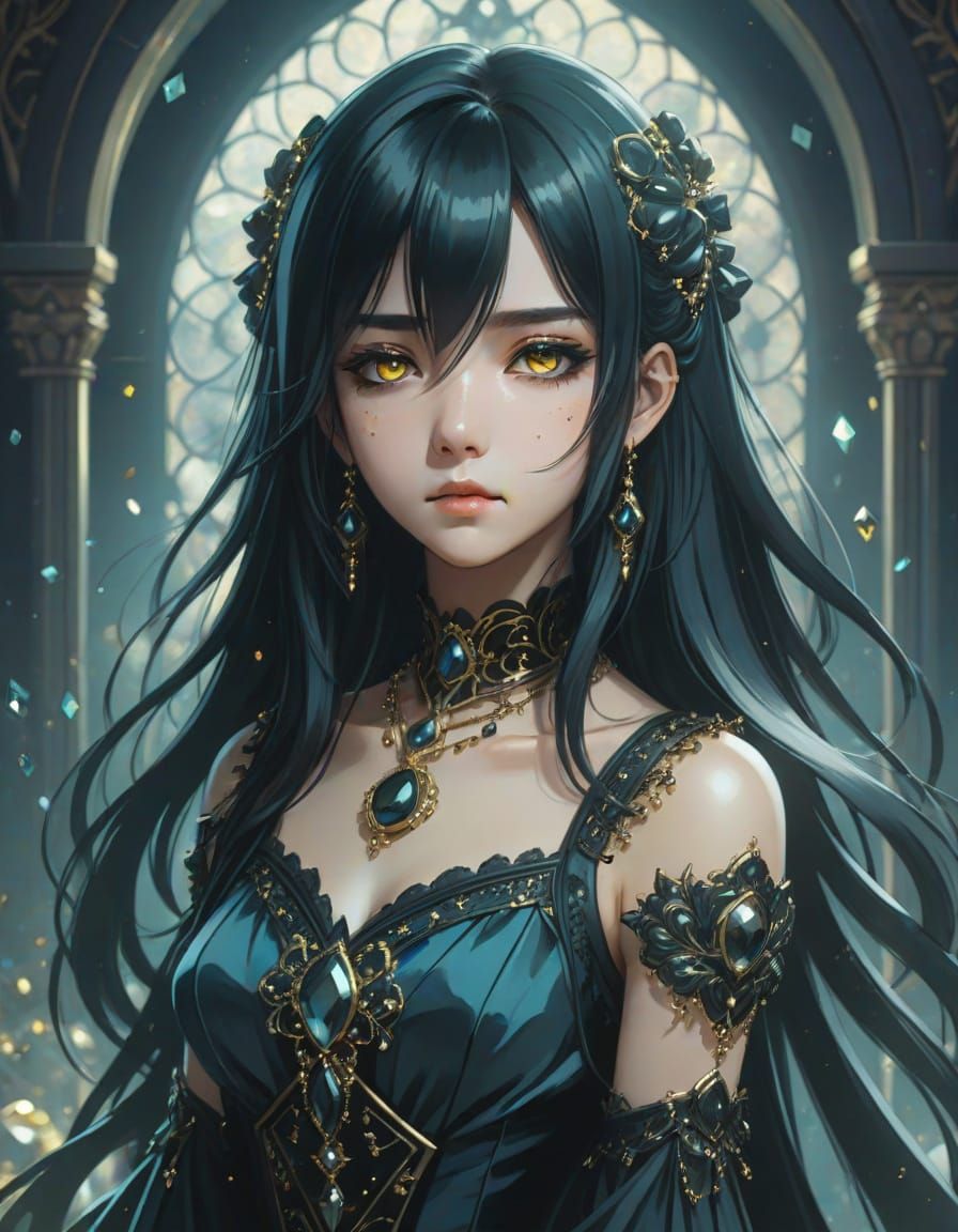 Melancholic Gothic Anime Woman Portrait with Gold