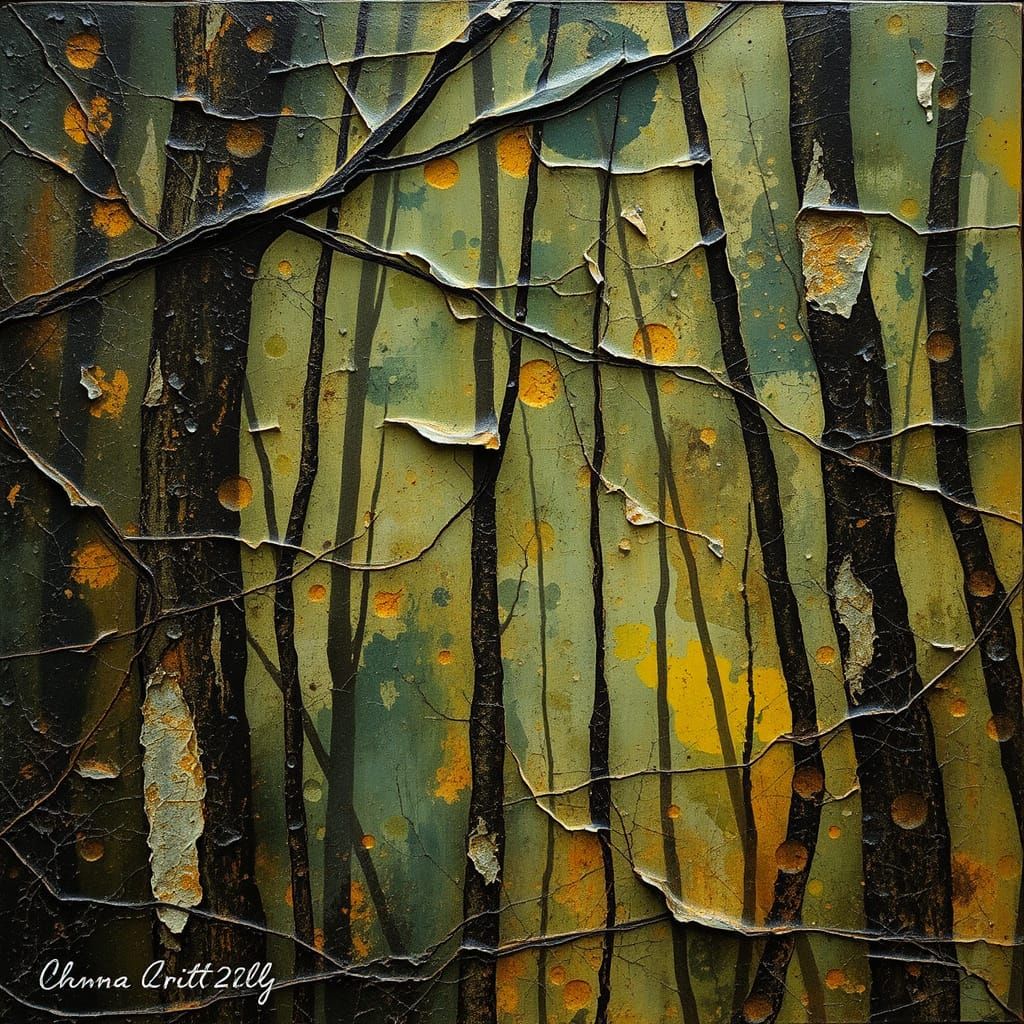 Weathered Forest Portrait in Vibrant, Cracked Wax