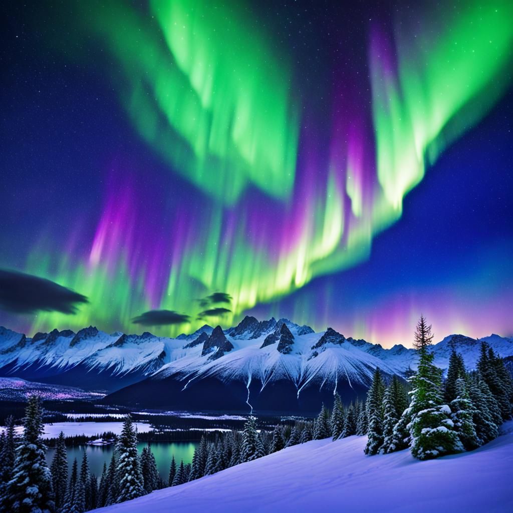 Breathtaking Aurora Borealis Over Snowy Mountains
