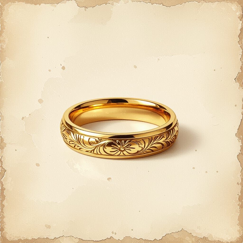 Gold Wedding Ring with Engravings on Beige Background