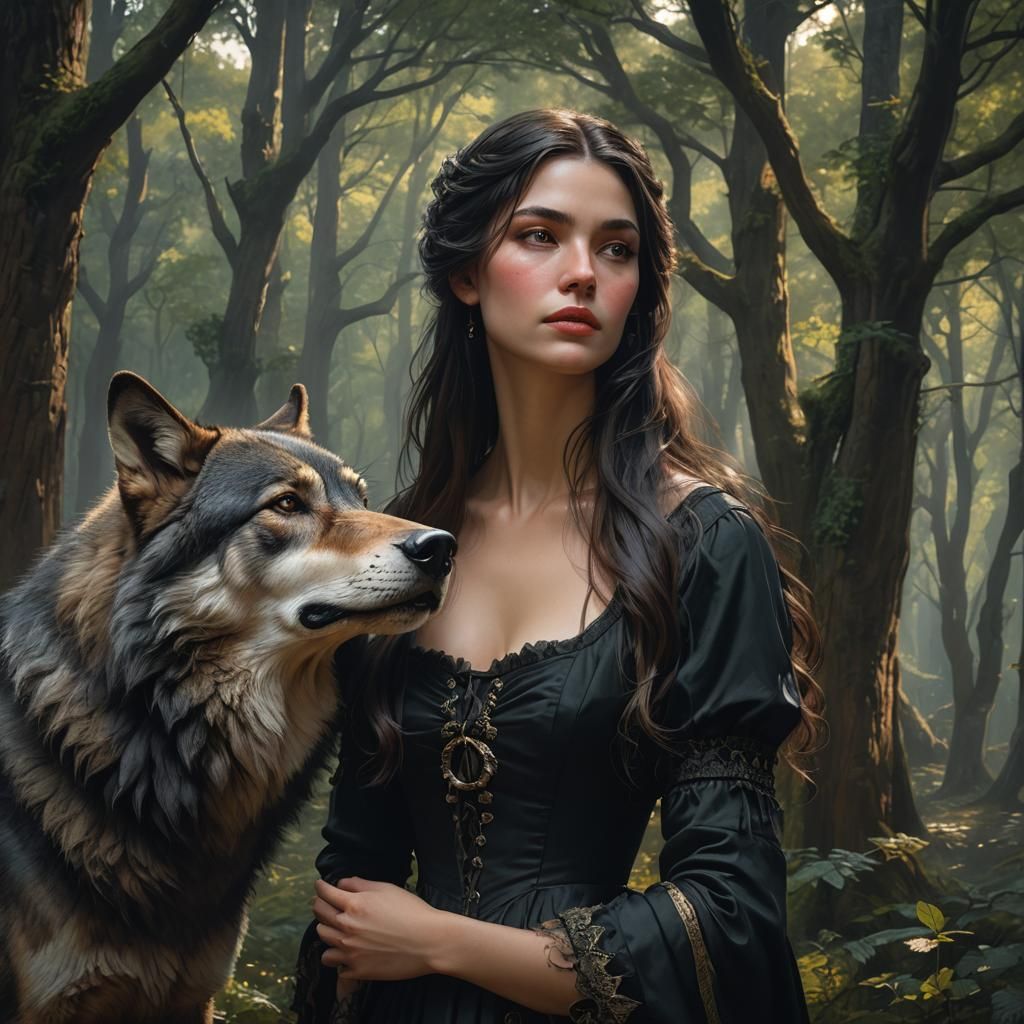 Woman and Wolf in Forest Night Scene