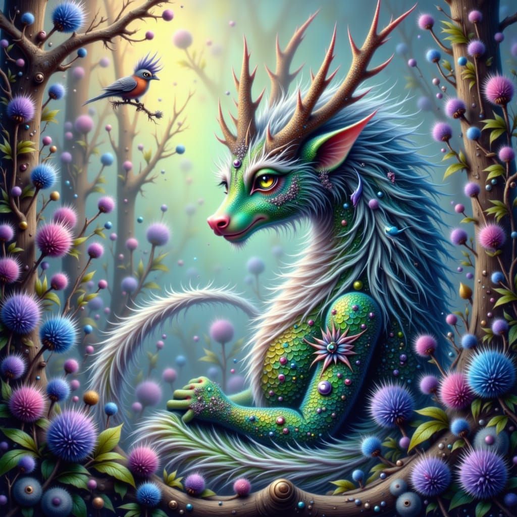 Dragon-Cat Hybrid in Winter Forest, Dreamlike Fantasy