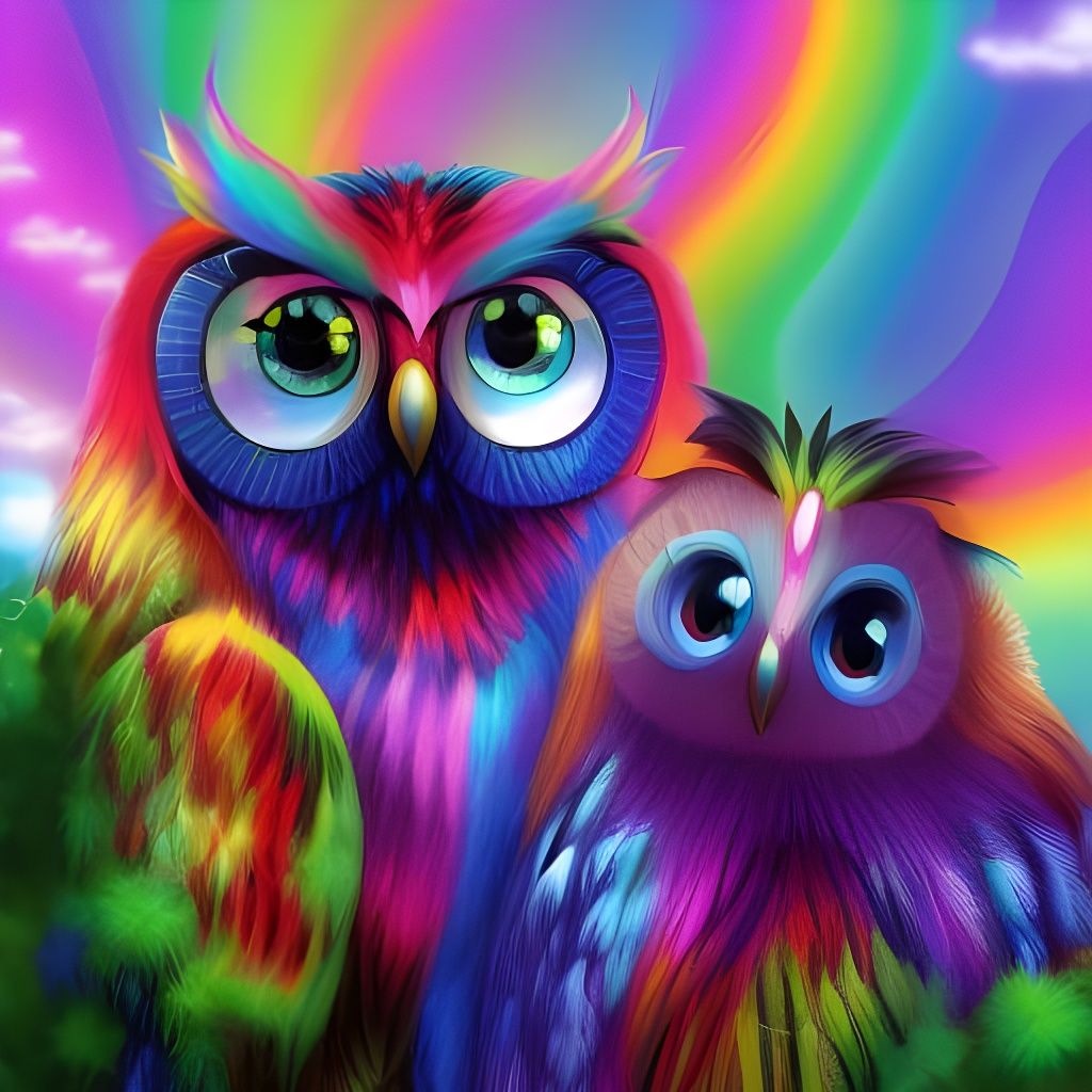 Colorful Owls in Bookstore, Anime-Inspired Art