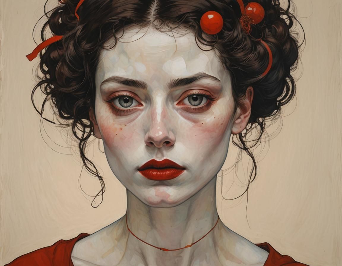 Elegant Goth Girl Portrait in Organic Red Lines