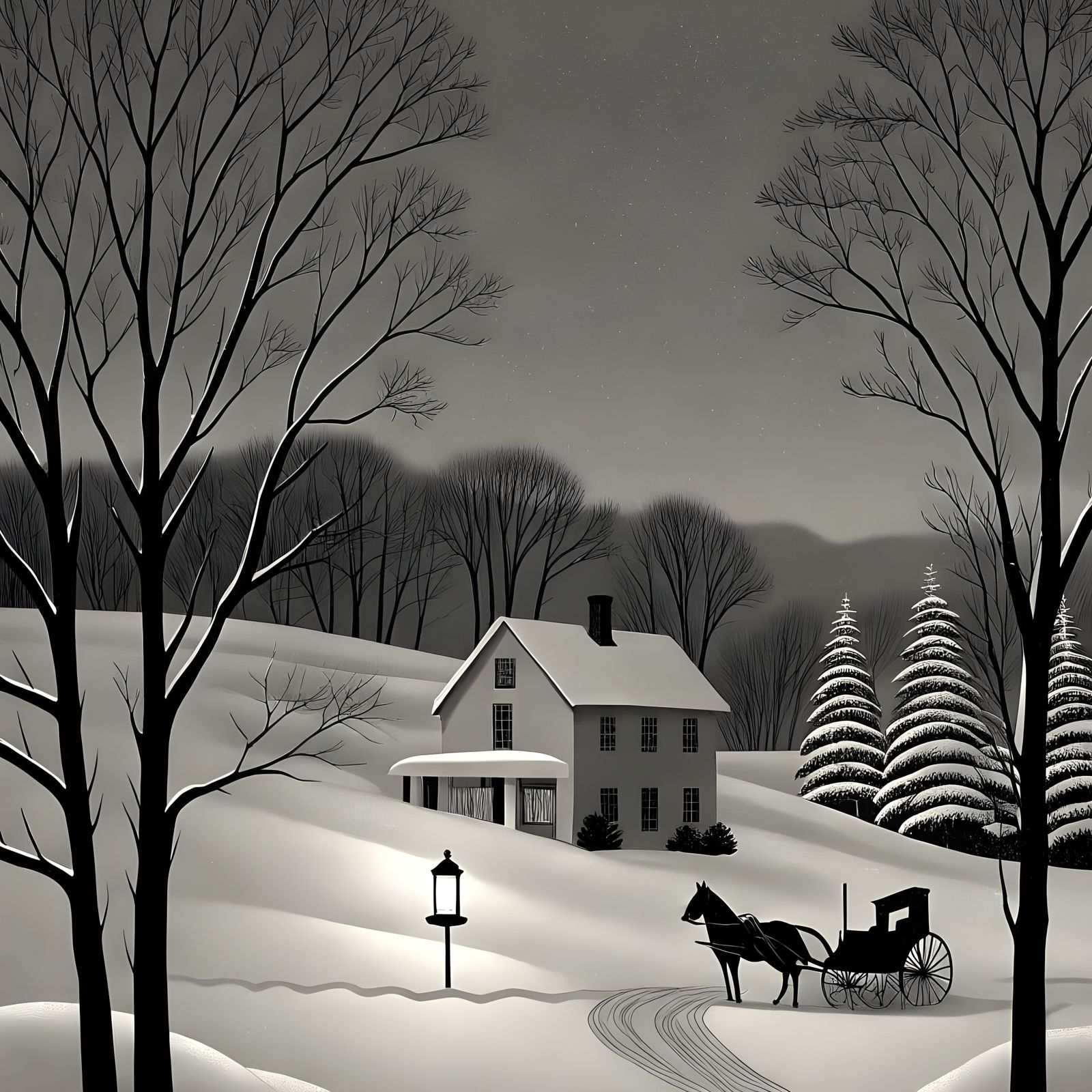 Peaceful Rural Winter Scene in Oil Painting Style