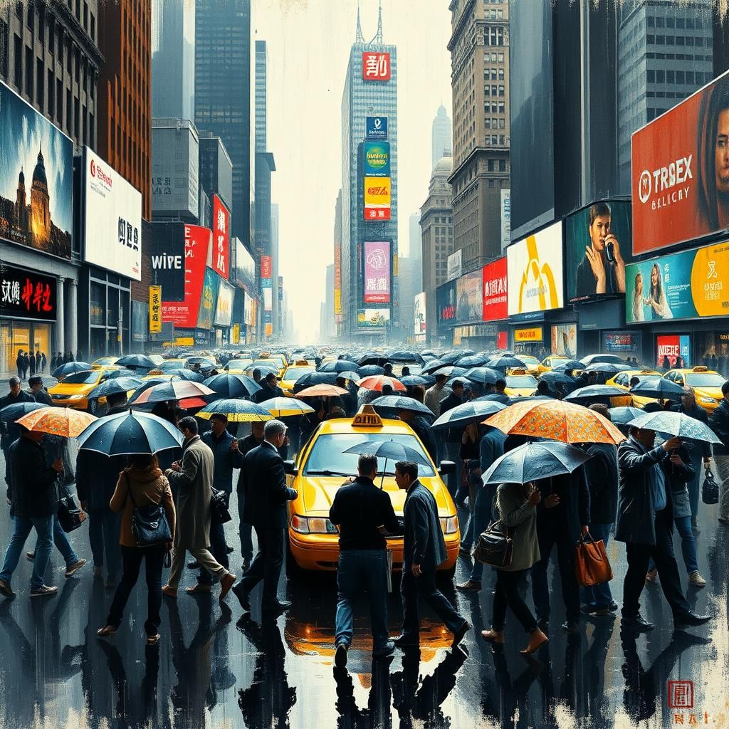 Taxi Cab Frenzy on Rainy New York Street