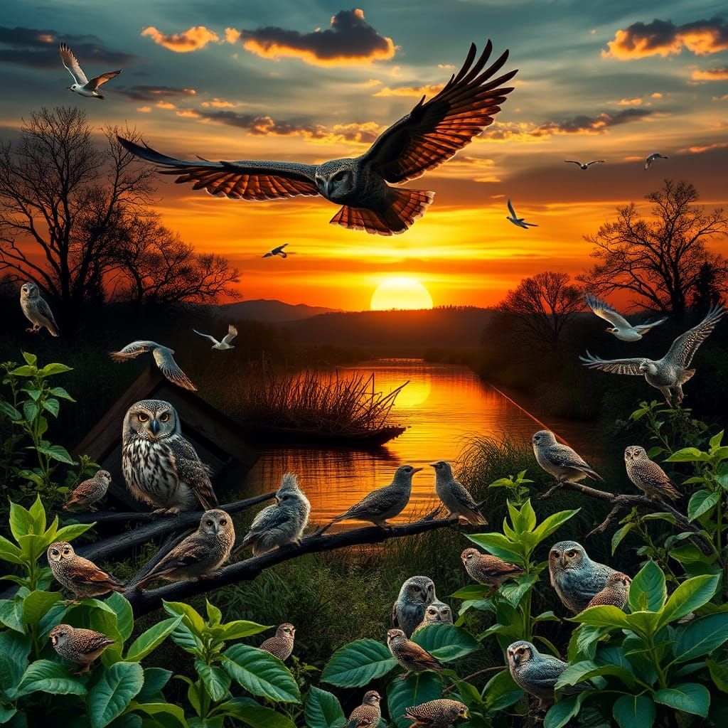 Owl in Flight at Sunset Collage