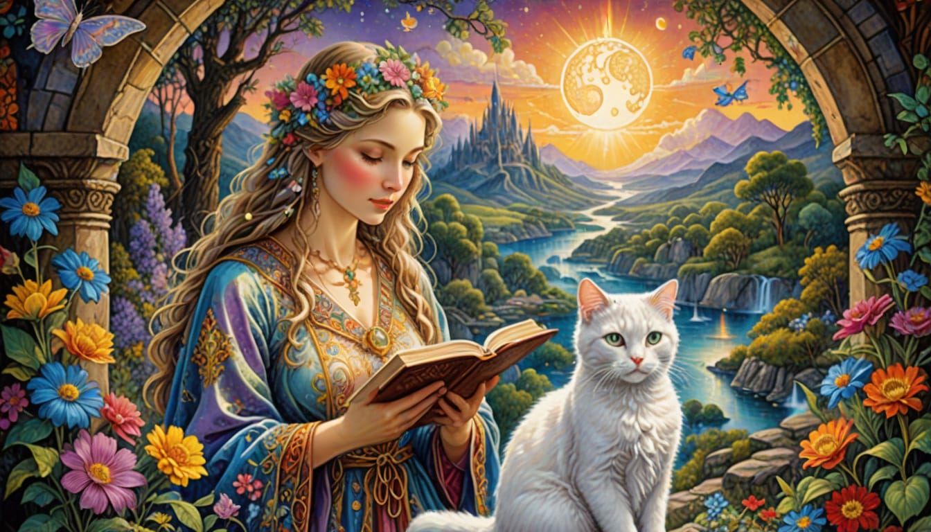 Sorceress and Cat in Enchanted Castle Garden