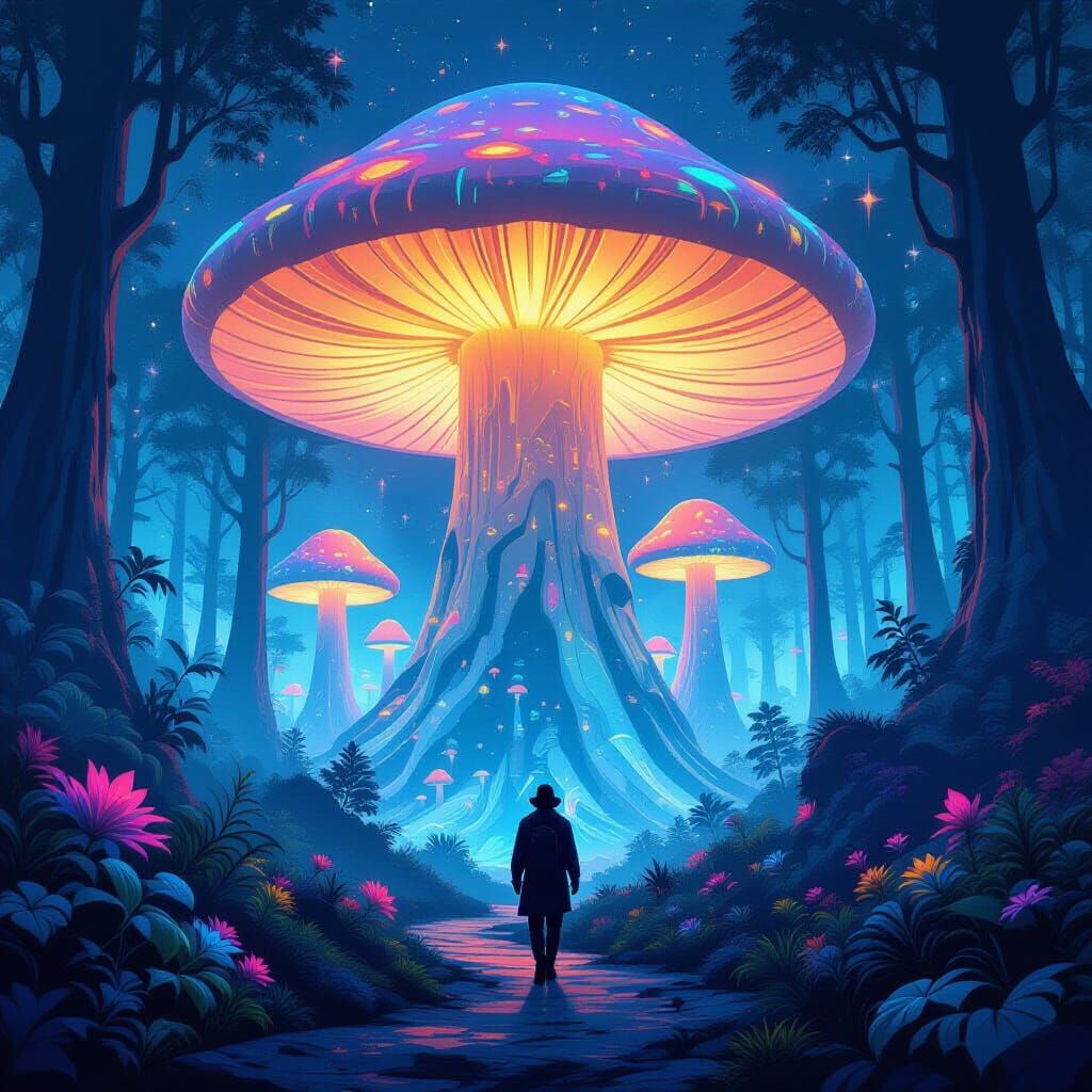 Explorer in Bioluminescent Mushroom Forest Digital Dreamscap...