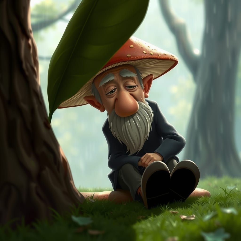 Pixar-Style Gnome Sheltering Under a Leaf