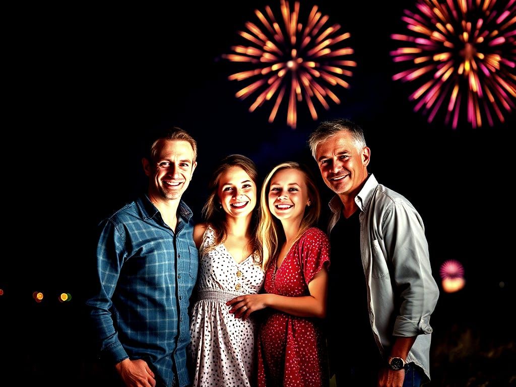 Family Celebrates with Fireworks: Photorealistic Night Scene