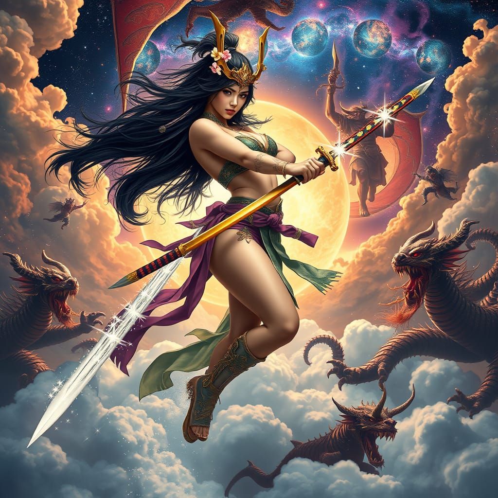 Celestial Samurai Warrior Battles Demons in Surreal Style