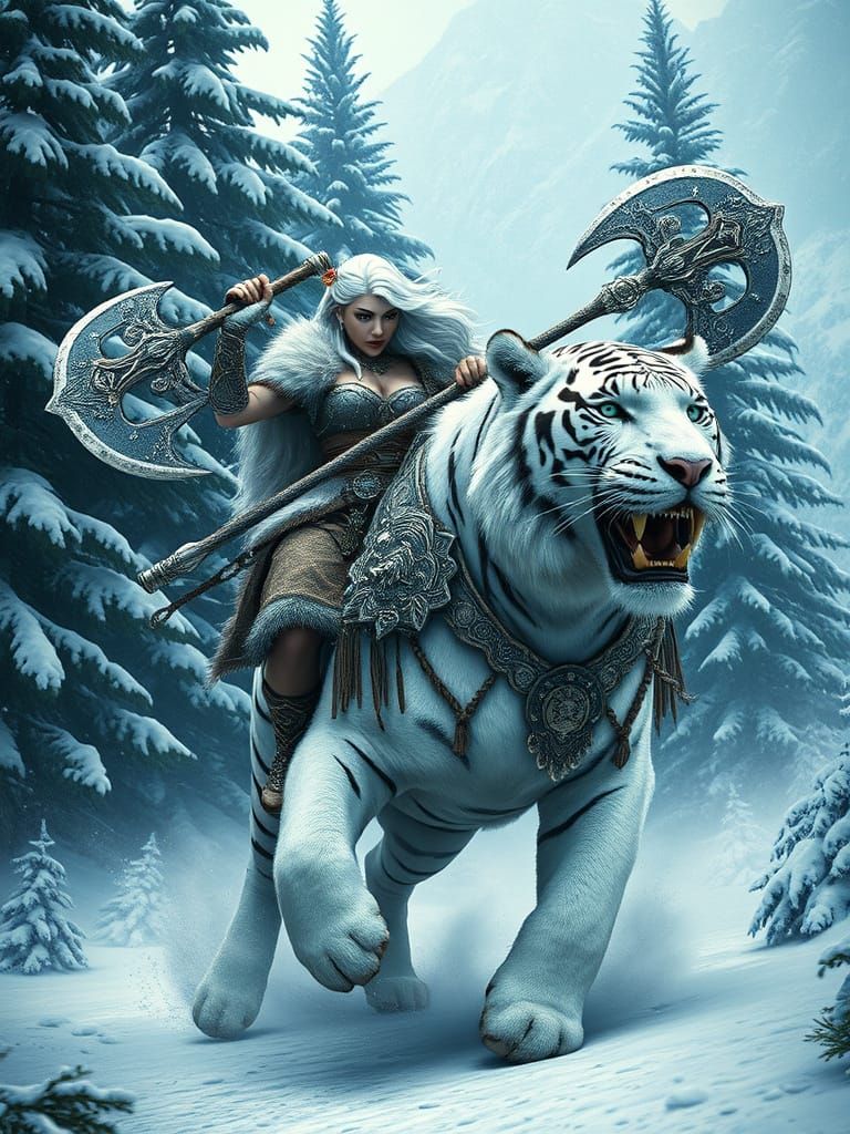 Frostbound Barbarian Queen on Majestic White Tiger