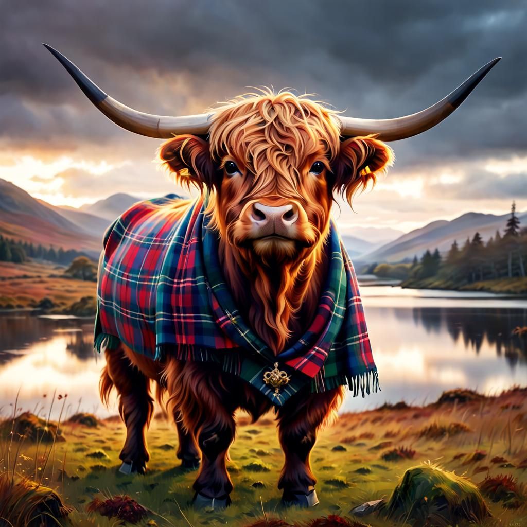 Highland Cow in Tartan Plaid, Fantasy Art