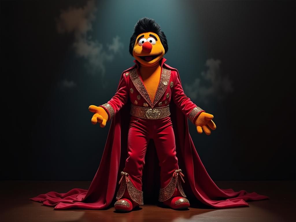 Velvet Painting of Elvis Muppet on Stage