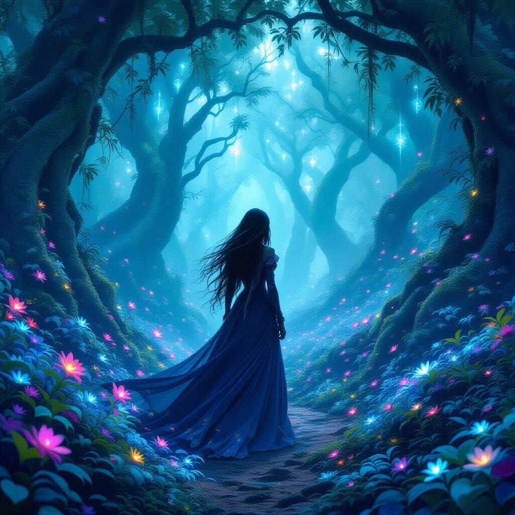 Ethereal Woman in Bioluminescent Dream Forest