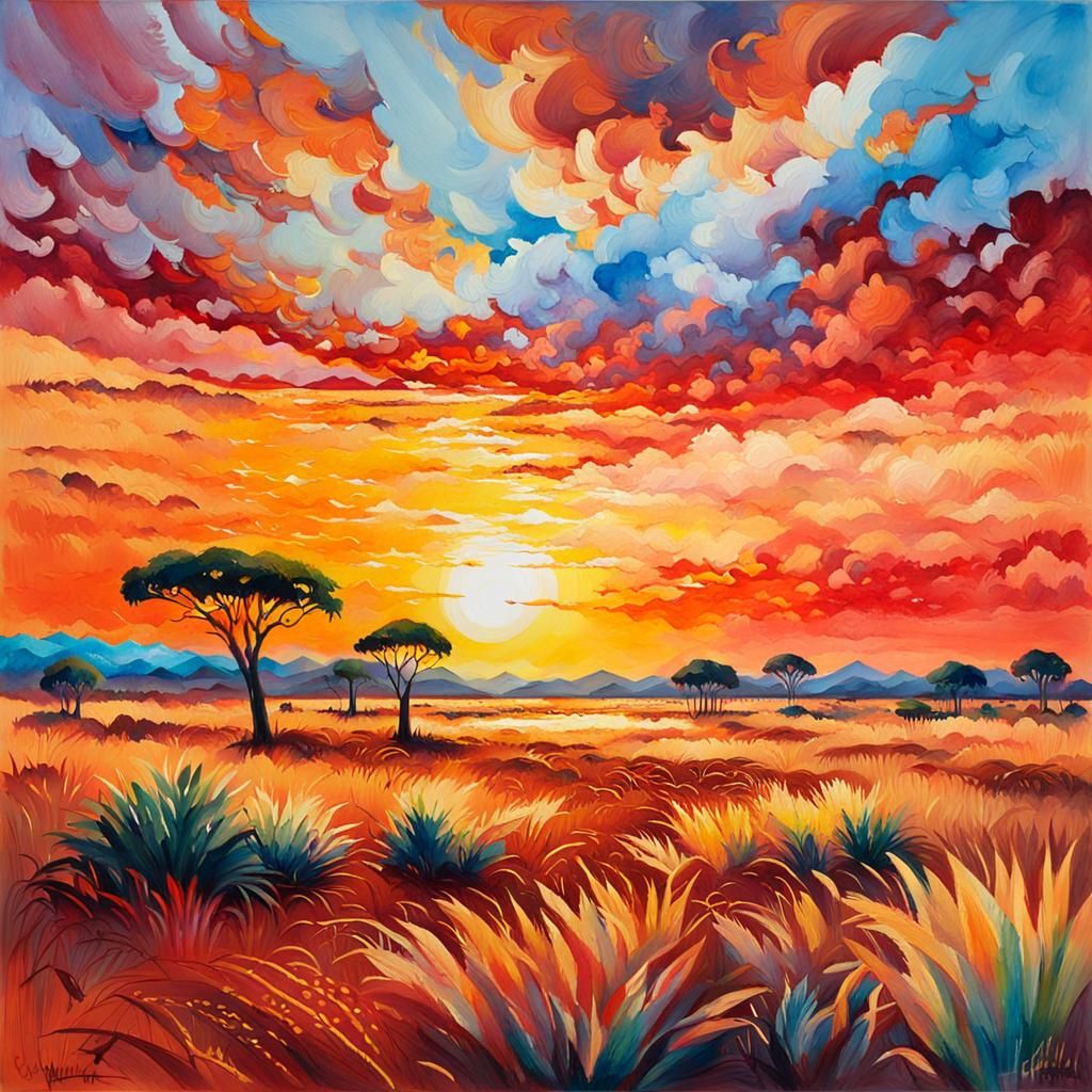 Blood Moon Savanna: Gouache Impressionist Masterpiece