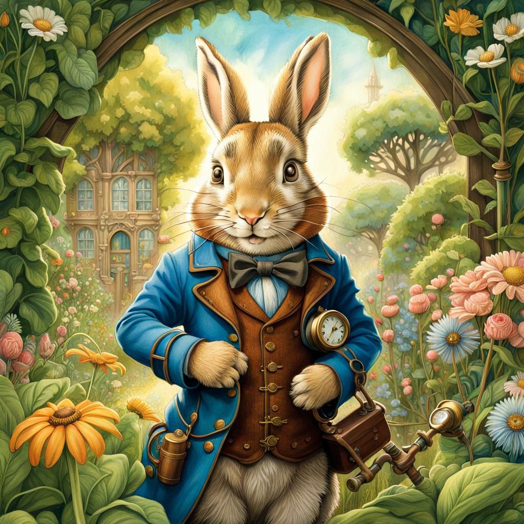 Peter Rabbit in Steampunk Garden: Colored Pencil Art