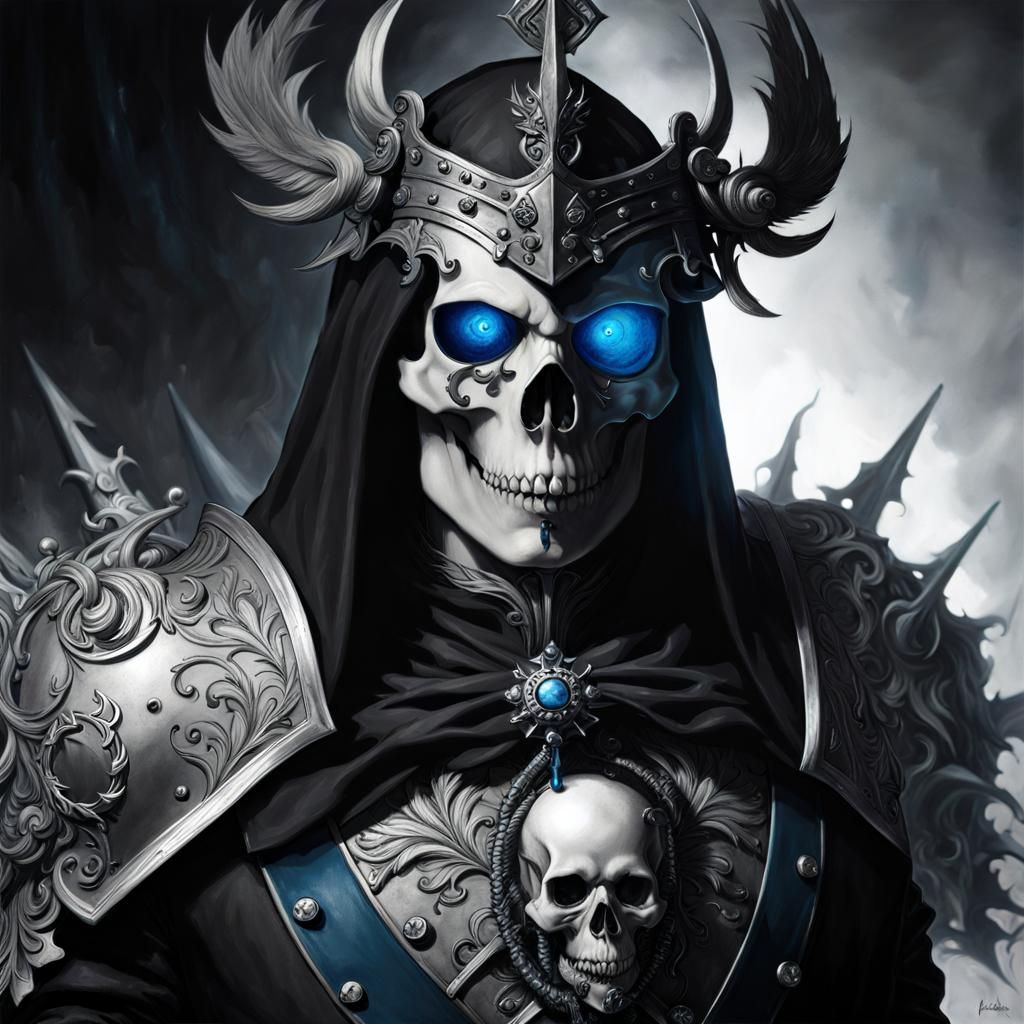 Black and White Skull Knight with Bioluminescent Eyes