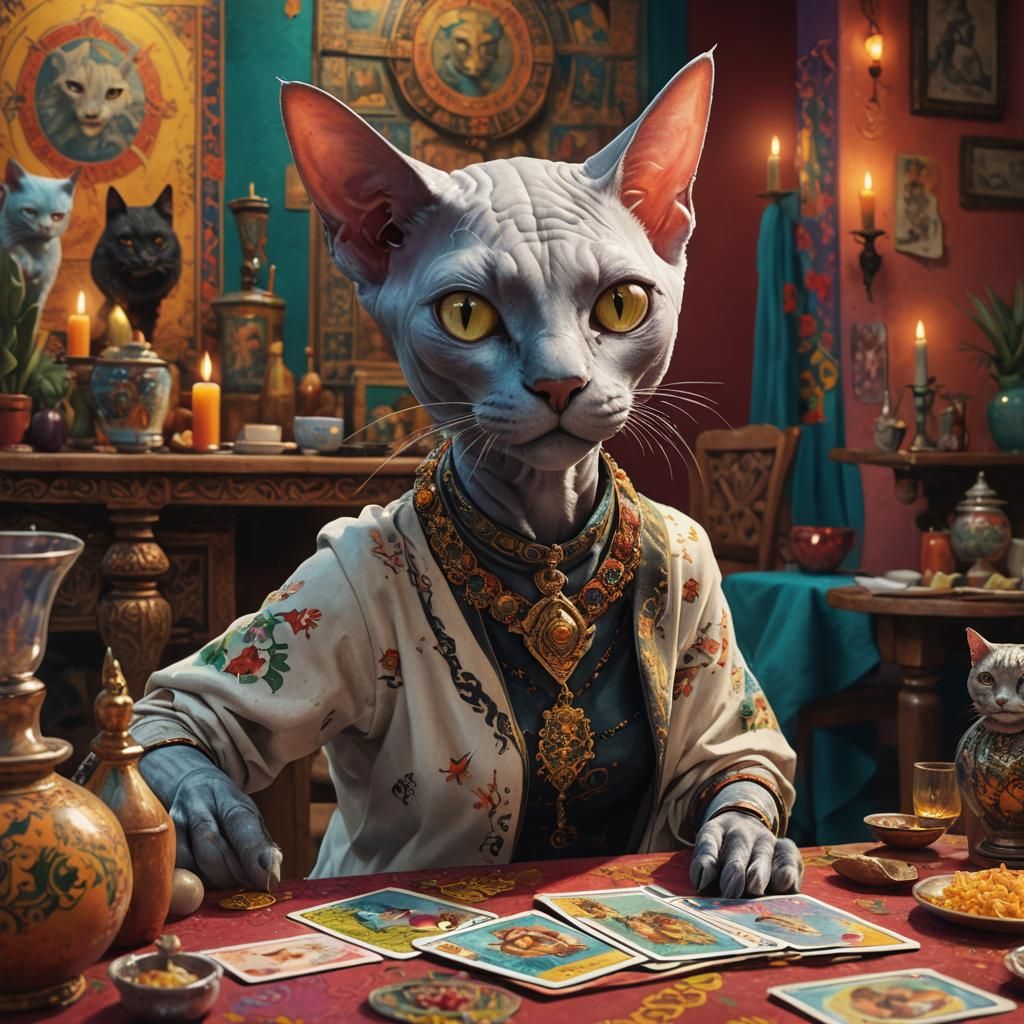 Hairless Cat Witch Reads Tarot in Mexico