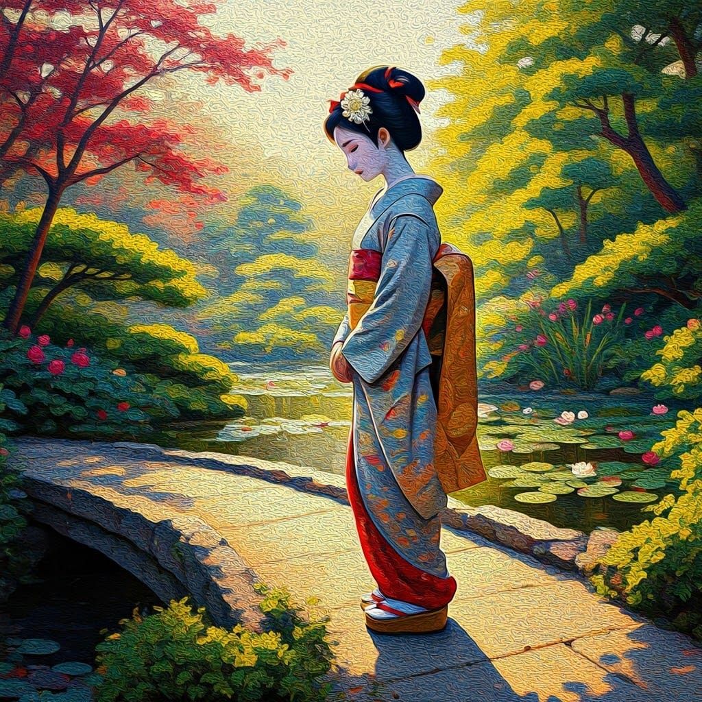 Geisha at Lily Pond in Pointillist Japanese Garden