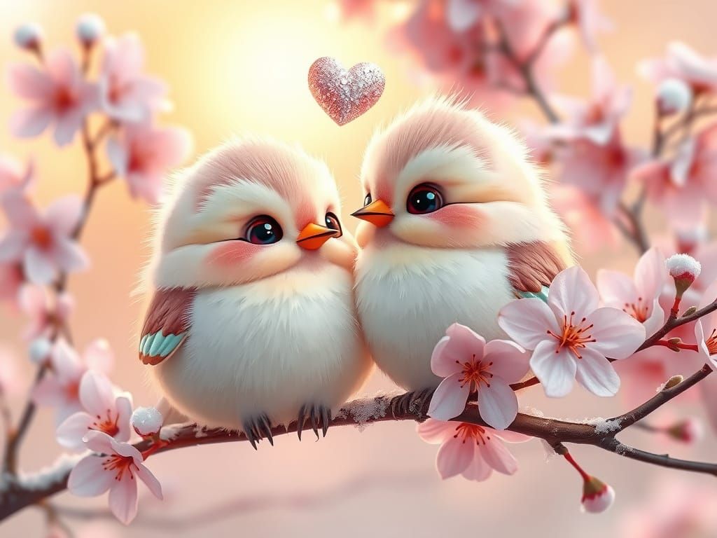 Whimsical Bird Couple in Love Amidst Cherry Blossoms and Sno...