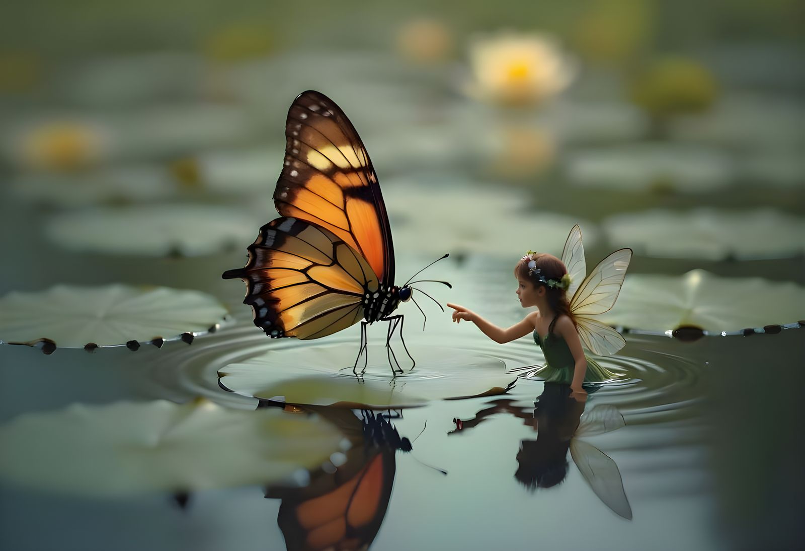 Faerie Girl and Butterfly Reflected in Water