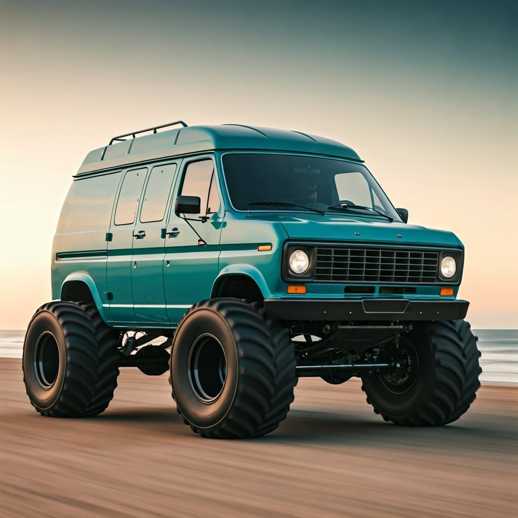Turquoise Ford Econoline Van on a Beach