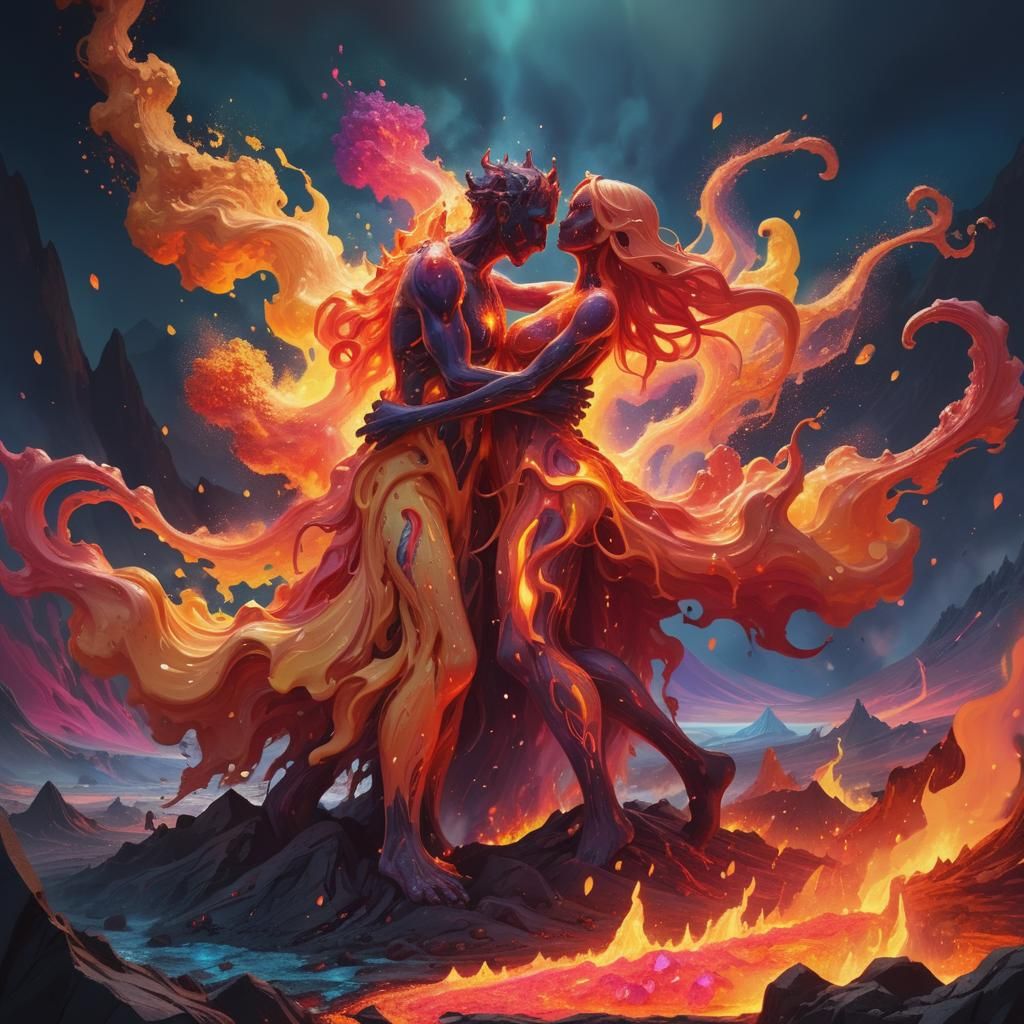 Dancing Flame Elementals in Surreal Lava Landscape