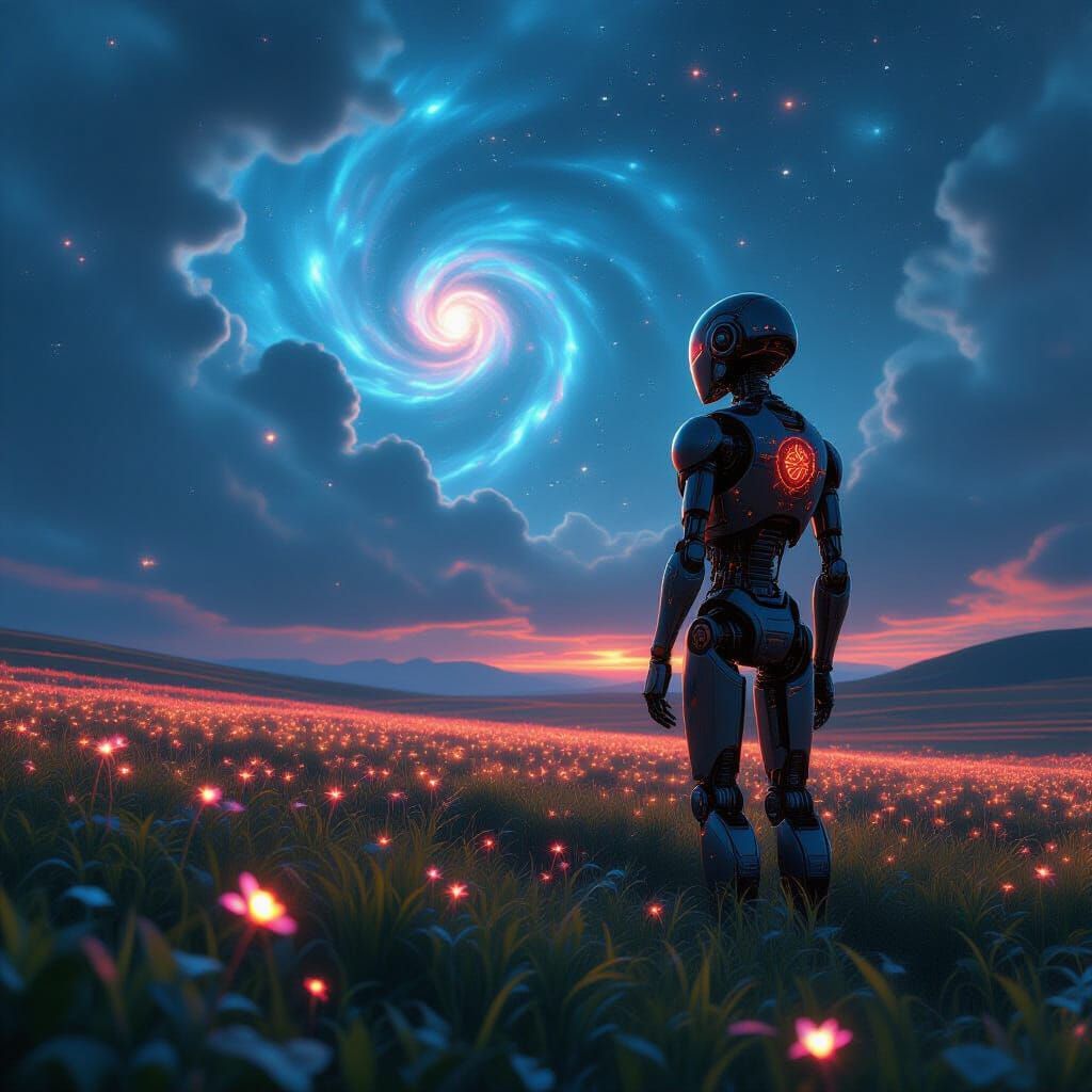 Ancient Automaton Under Cosmic Sky in Bioluminescent Field