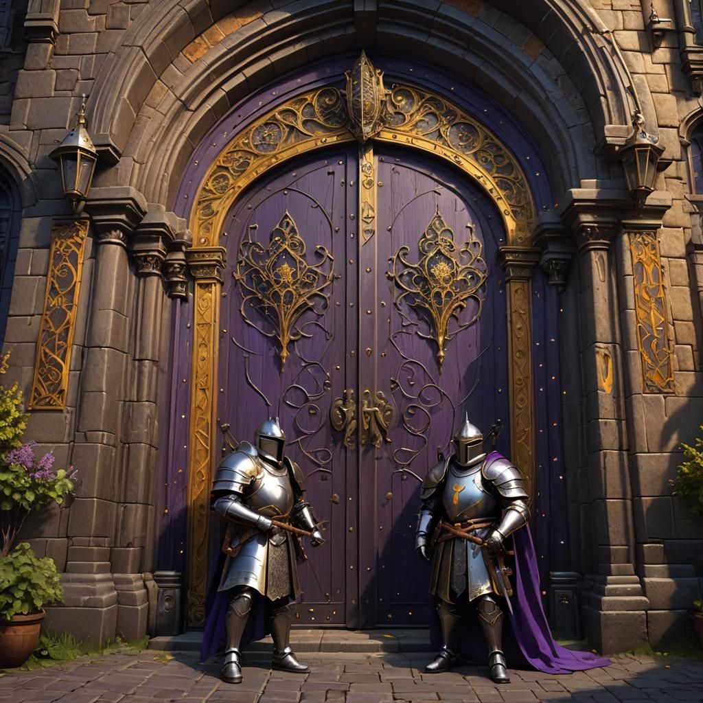 Knights Guarding Castle Doors in Dark Fantasy Style