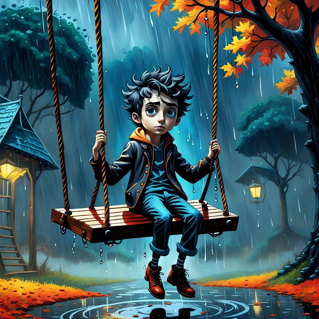 A sad boy on a swing in the rain
