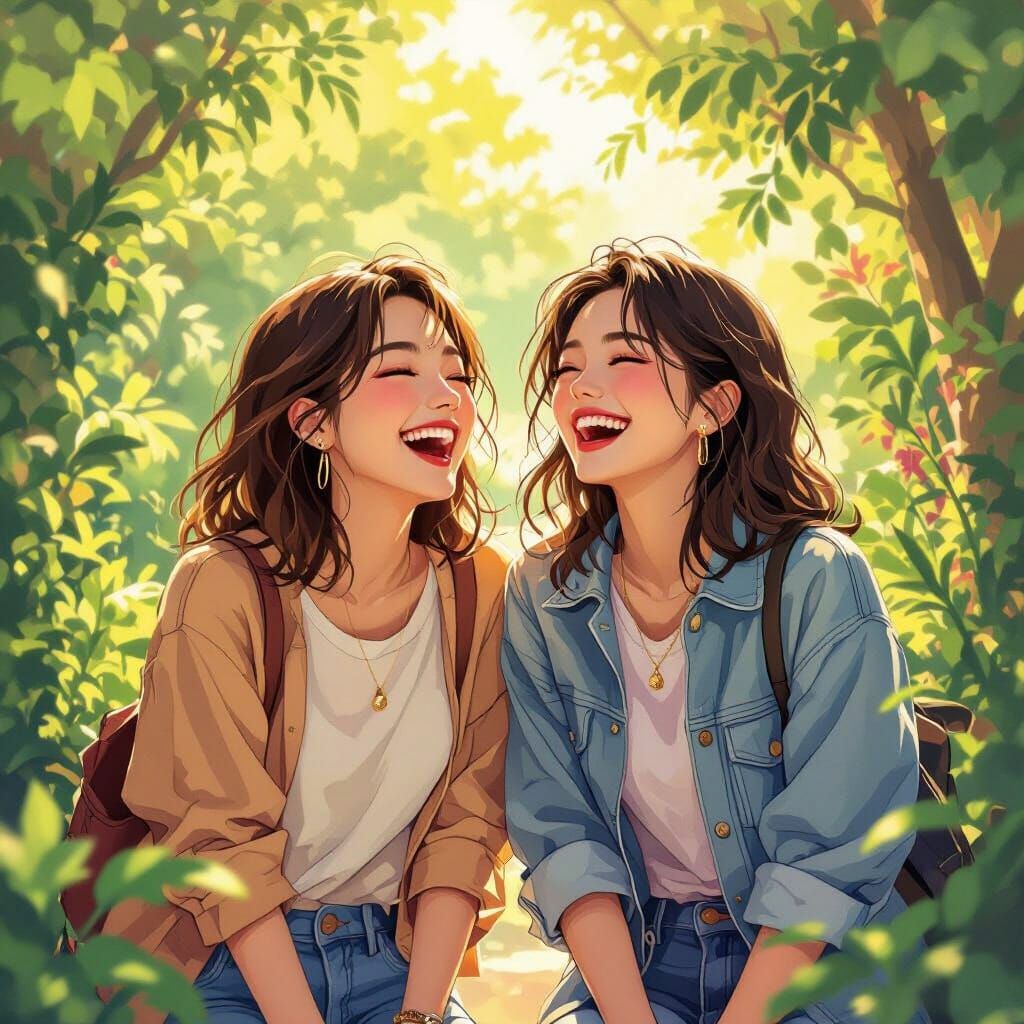 Friends Laughing in Sunlit Greenery: Fantasy Art